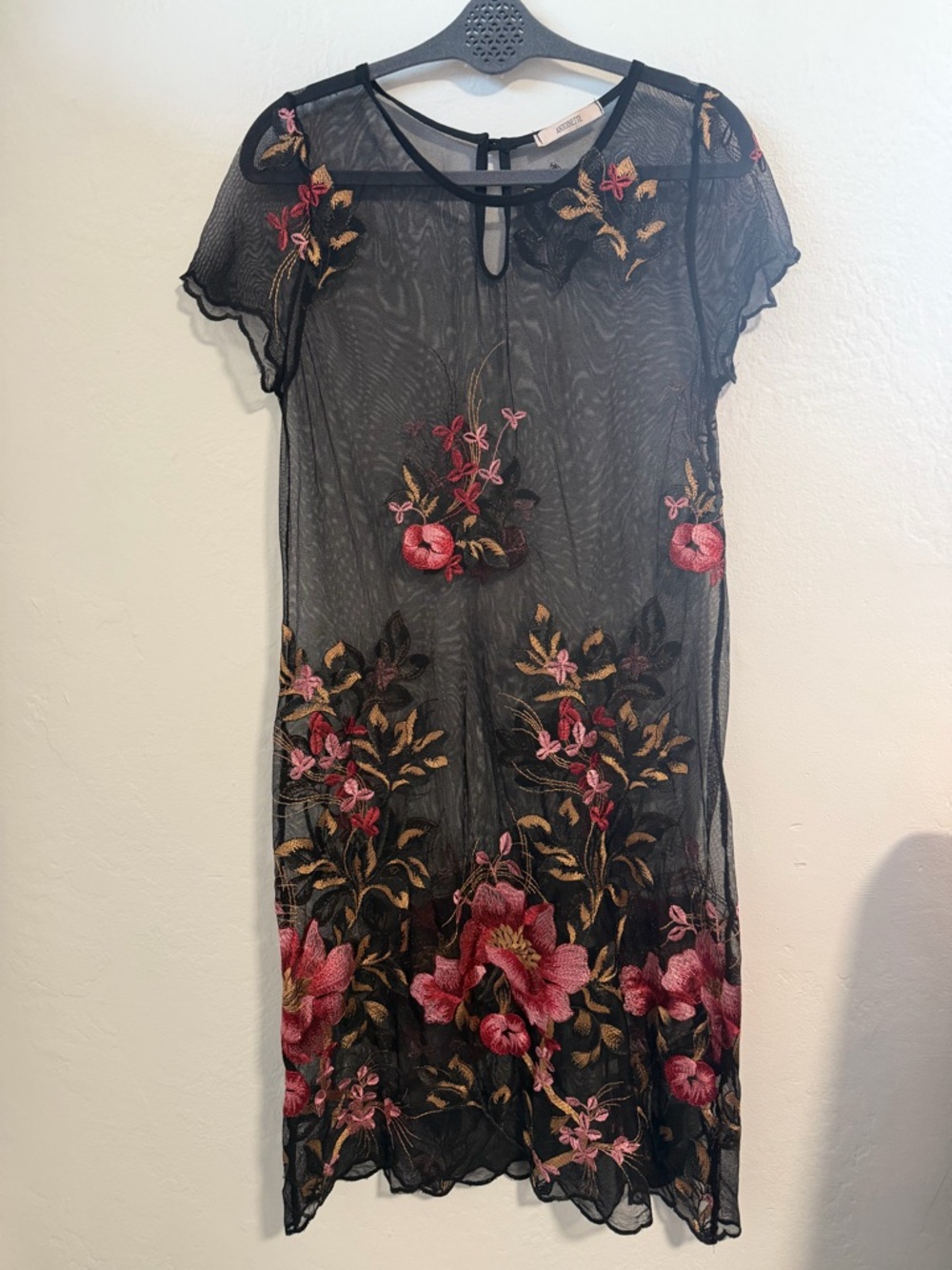 Antoinette Black Sheer Floral Embroidered Dress Mesh Overlay Boho Romantic M